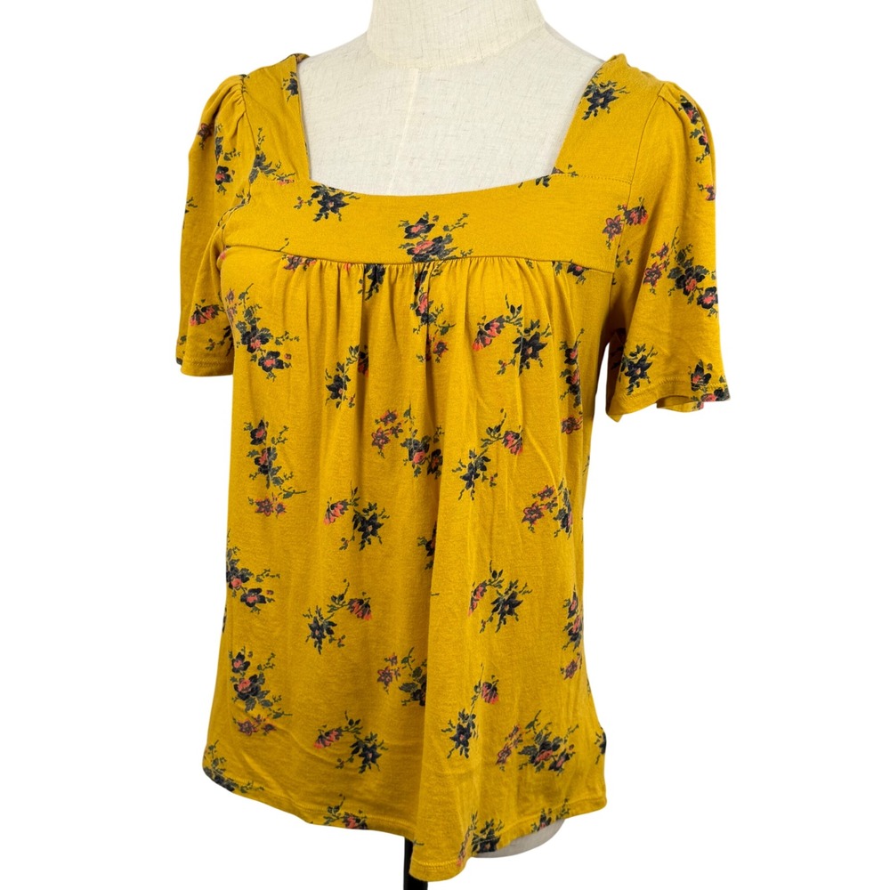 Lucky Brand S Top Mustard Yellow Floral Square Neck Puff Sleeve‎ Peasant Boho